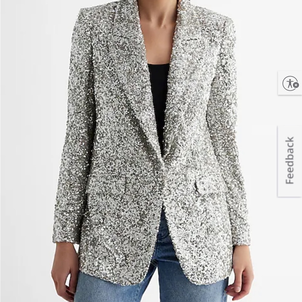 Express Silver Women's One Button Sequin Blazer - image 5
